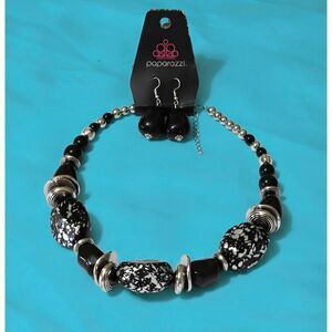VTG Style Paparazzi Black Silver Splatter Chunky Statement Necklace Earring Set